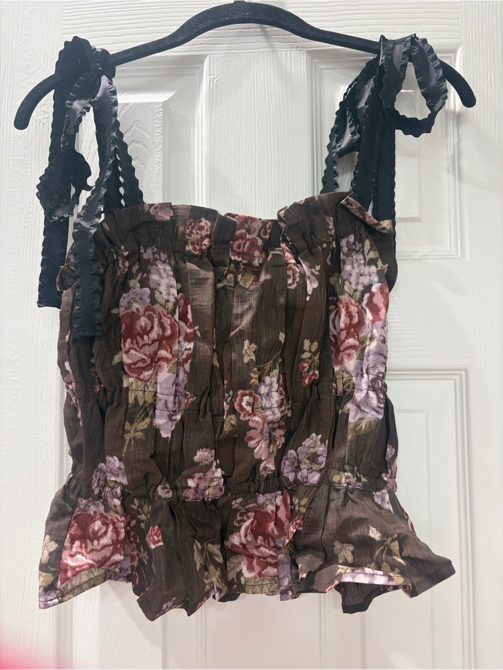 Floral Smocked Tie-Shoulder Tank Top in Brown -Brock Collection x H&M -M